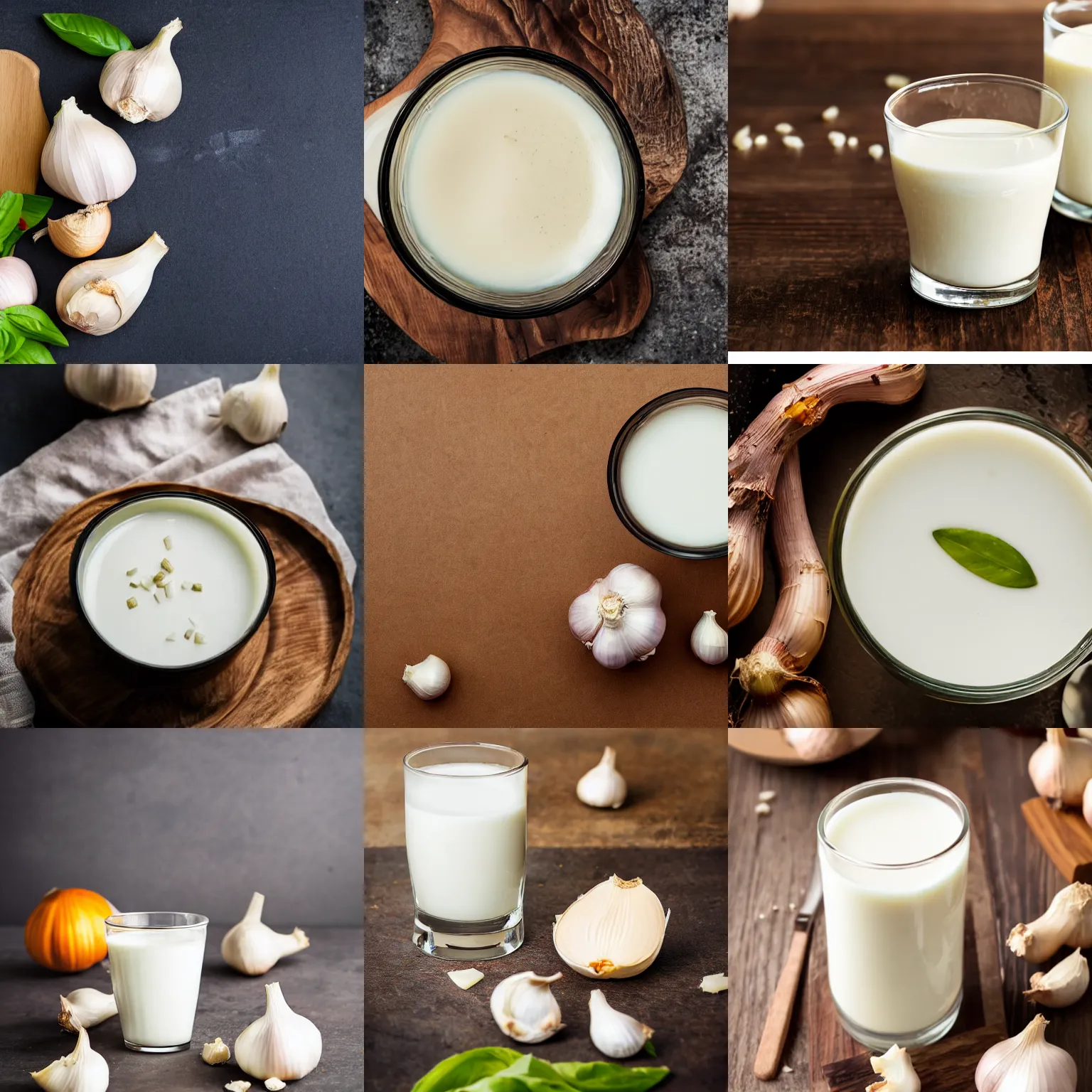 Prompt: a delicious glass of garlic milk, high quality food advertisement photography