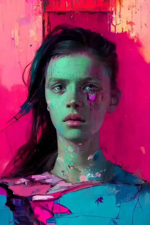 Image similar to portrait of a beautiful girl living in a postapoliptic forgotten world, she has seen war and has seen death, in the colors hot pink and cyan, beautiful face, rule of thirds, complex outfit, spotlight, by greg rutkowski, by jeremy mann, by francoise nielly, by van gogh, digital painting