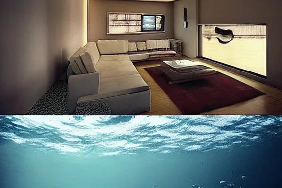 Prompt: a living room under water