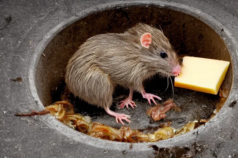 Image similar to a mutant disgusting rat eating cheese in a sewer, photograph, terror, horror, mutant,