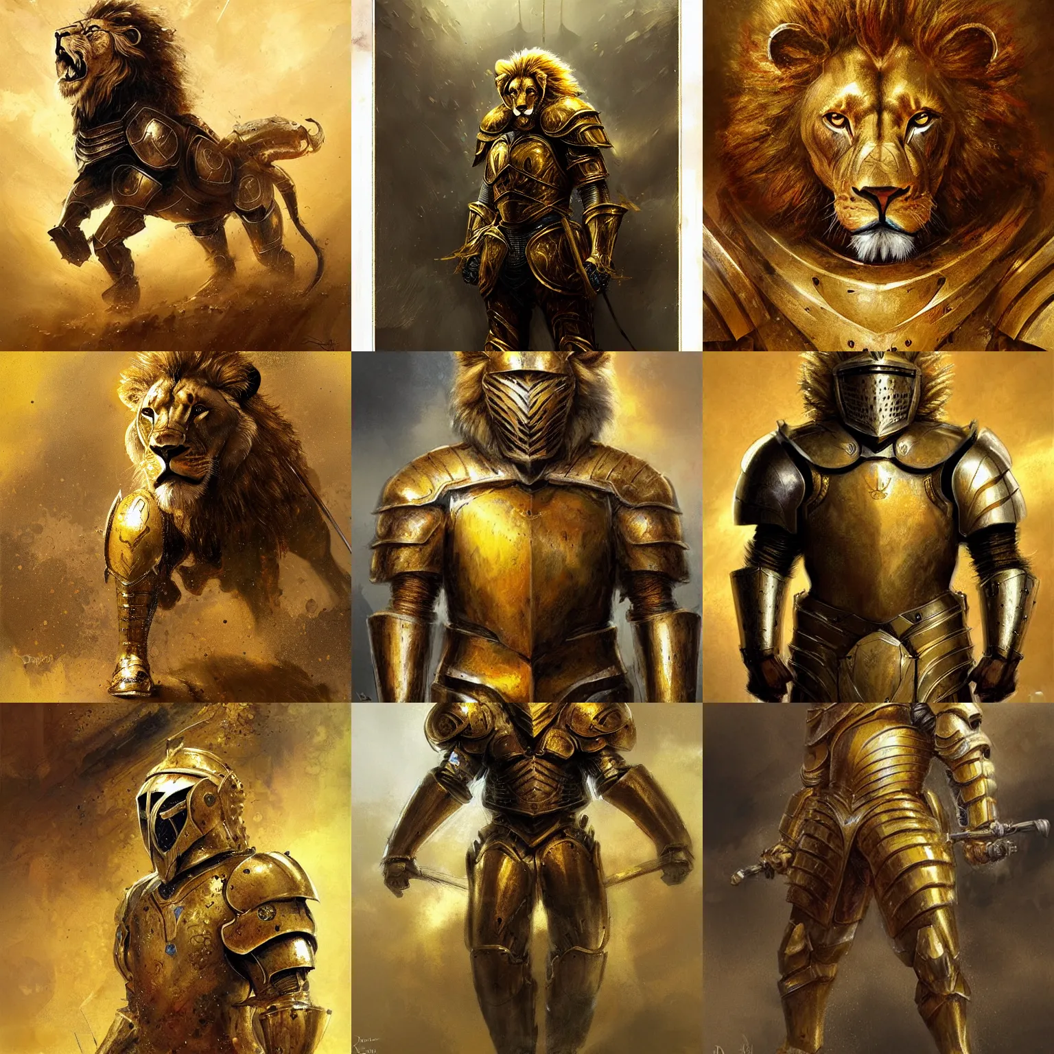 Prompt: lion knight in golden shiny armor art by Daniel Dociu detailed hd