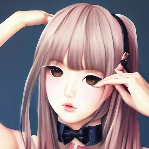 Image similar to realistic detailed semirealism beautiful gorgeous cute Blackpink Lalisa Manoban wearing Japanese school uniform, black hair black cat ears, black leather choker, proportional body, WLOP, Aztodio, Taejune Kim, sakimichan, ArtGerm, Pixiv, Instagram, Artstation