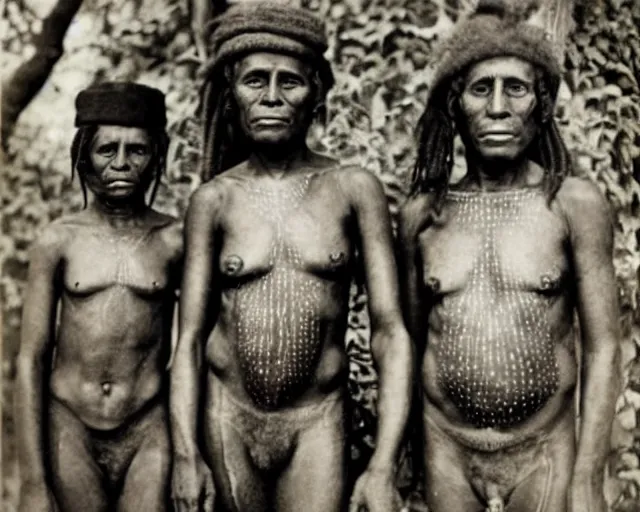 Prompt: 1 9 2 0 s black and white photographs of the lost tribes of del shoob and their amazing body art