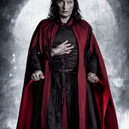 Image similar to mads mikkelsen as a vampire, male, late - 4 0 s aged, very long hair, slicked black hair, red eyes, clean shaven, wearing a cape, regal, royal, grim facial expression, high medieval fantasy, full color digital art, cinematic shot, portrait, wide shot.