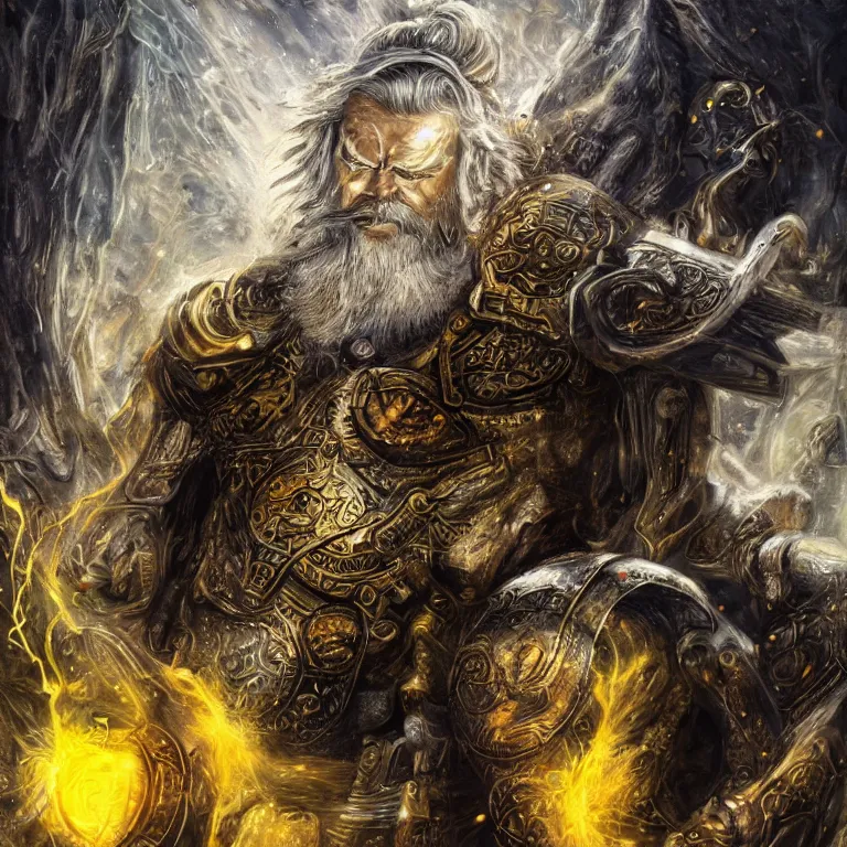 Image similar to mythological Odin all father god of thunder and artificial intelligence creating an artificial neural network with yellow synapses on an anvil in the ethereal city of valhalla, high resolution, award winning art, trending on art station, sharp image, incredibly detailed, odin all father detailed character realistic painting