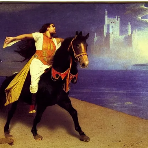 Image similar to Magician riding a horse leaving the castle through the bridge, thunderstorm, beach ocean on the background major arcana sky, by paul delaroche, alphonse mucha and arnold böcklin arnold böcklin hyperrealistic 8k, very detailed