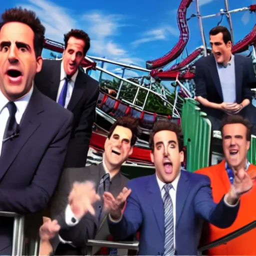 Image similar to ultra realistic detailed 4 k photo of michael scott, jerry seinfeld, ted mosby, phil dunphy, chandler bing, from a roller coaster action camera at an amusement park