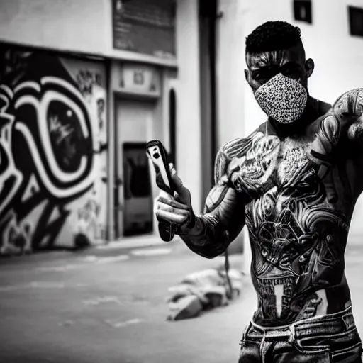 Prompt: super muscular people with tatoos wearing strange masks, taking selfies, graffiti in the background, photoshoot, hd