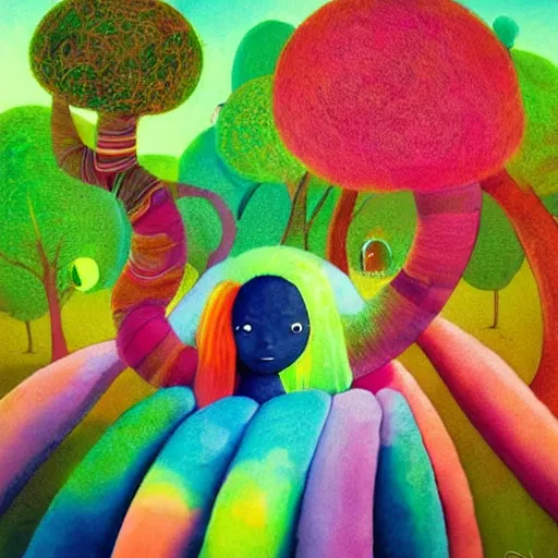 Image similar to a girl with a big colorful! dream a black girl with a colorful afro and big beautiful eyes, in a candy forest! at night, bright colours, watercolor, volumetric wool felting, macro photography, children illustration, by goro fujita