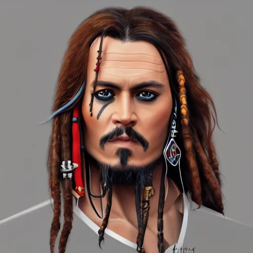 Image similar to portrait of captain jack sparrow, clear clean face, symmetrical face, blurry background, pose, trending on artstation, alexandra fomina artstation, face by ilya kushinov style, style by loish, painterly style, flat illustration, high contrast