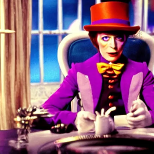 Image similar to photorealistic movie still of David Bowie as Willy Wonka 4k HDR amazing lighting