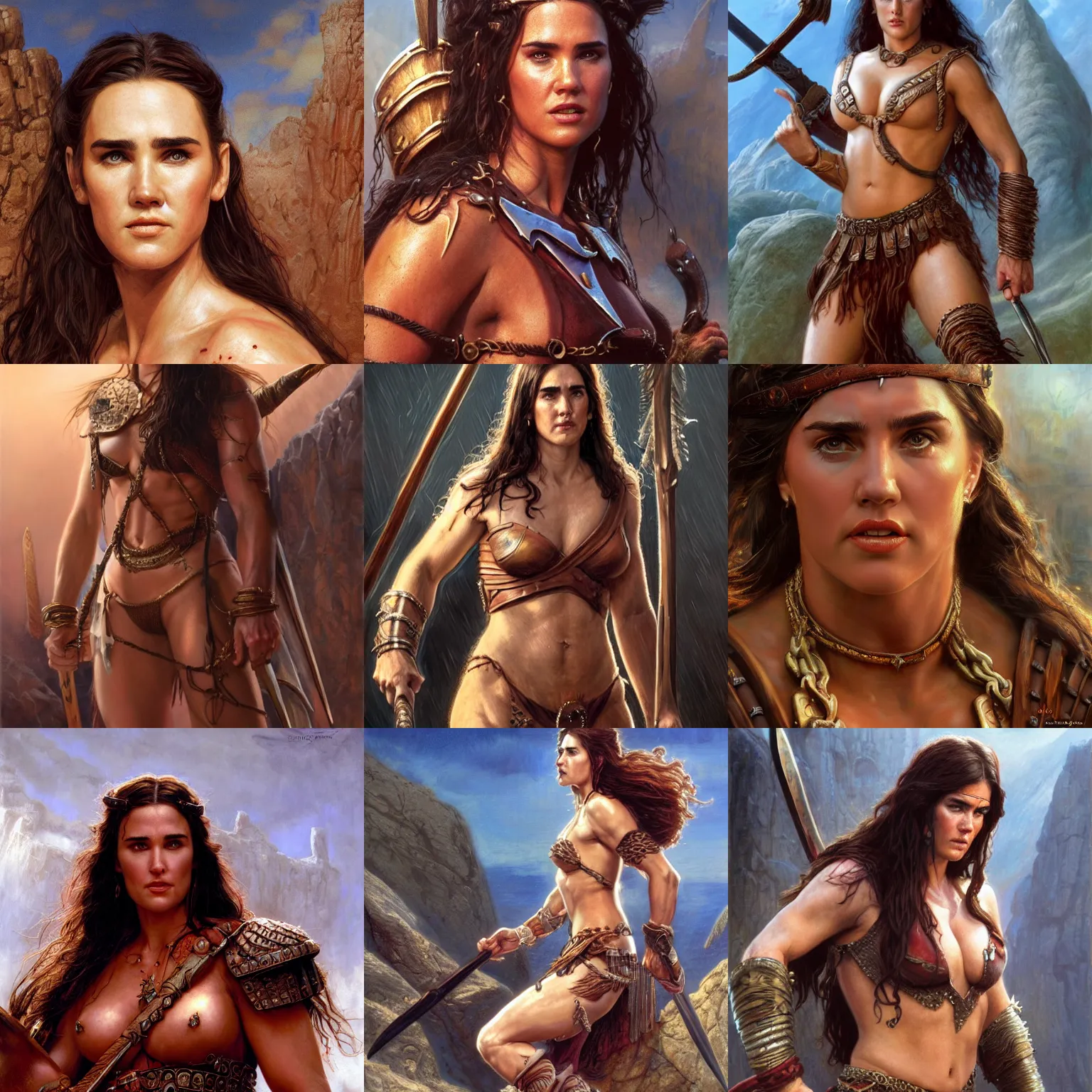Prompt: young Jennifer Connelly as a barbarian from conan, detailed, centered, digital painting, artstation, concept art, donato giancola, Joseph Christian Leyendecker, WLOP, Boris Vallejo, Breathtaking, 8k resolution, extremely detailed, beautiful, establishing shot, artistic, hyperrealistic, beautiful face, octane render