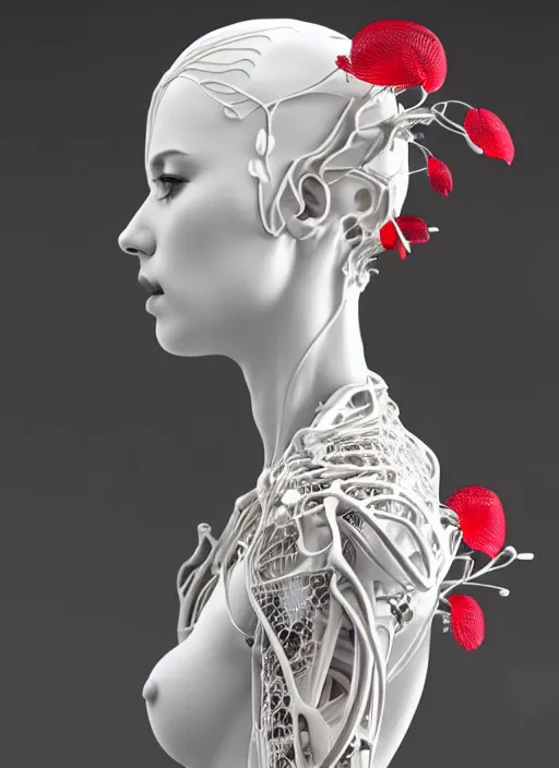 Image similar to complex 3d render ultra detailed of a beautiful porcelain profile young woman face, biomechanical cyborg, 200 mm lens, beautiful studio soft light, rim light, silver white gold red details, magnolia big leaves achromatic and stems, roots, fine foliage lace, mesh wire, Alexander Mcqueen high fashion haute couture, art nouveau fashion embroidered, intricate details, hyper realistic, ultra detailed, mandelbrot fractal, anatomical, facial muscles, cable wires, microchip, elegant, octane render, H.R. Giger style, 8k post-production, trending on Artstation