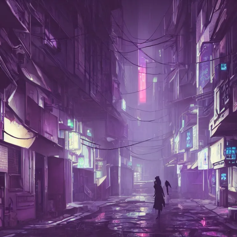 Image similar to city alleyway in the atmospheric cyberpunk anime film, gouache matte background painting, neon noir, at night with lights, by makoto shinkai, in the anime series ergo proxy, beautiful specular edge highlights and rim lighting