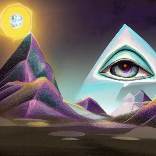 Image similar to concept art of a movie about illuminati, purple mountains in the background and all - seeing eye in the foreground, professional drawing, highly detailed, award winning digital art