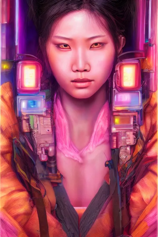 Image similar to stunning highly detailed portrait of a beautiful asian female cyberpunk, soft lighting, pastel neon colors, oil on canvas, strong lighting, by Glenn Fabry, HD, 4K