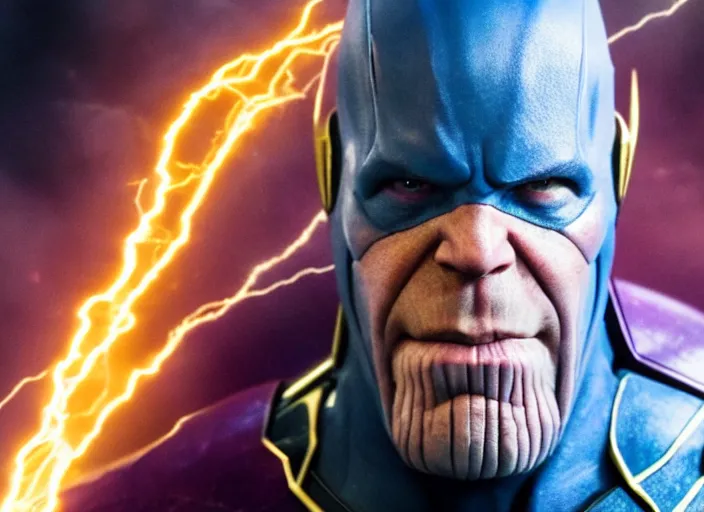 Prompt: film still of thanos as the flash in the new flash movie, 4 k, highly detailed face, detailed eyes