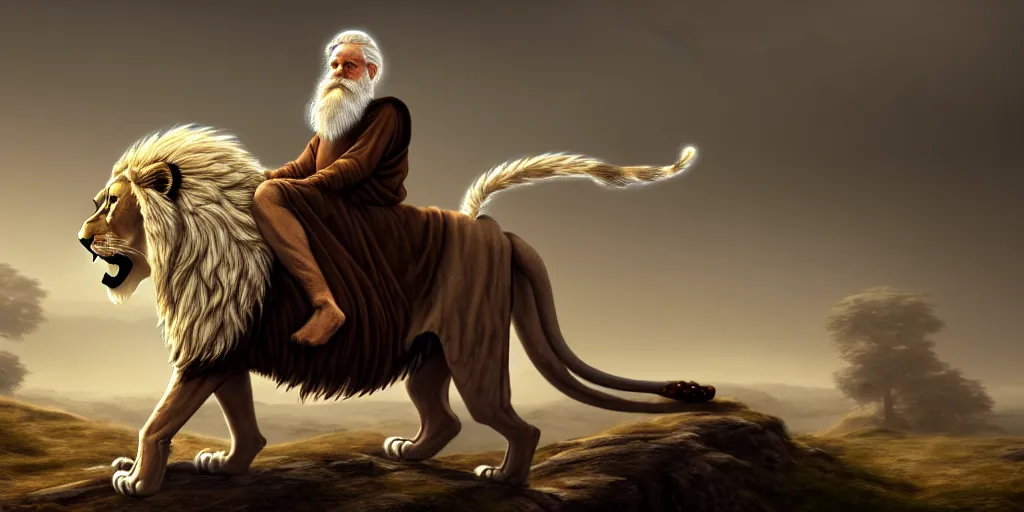 Image similar to hooded wise old man ( long white beard wearing a brown tunic ), riding majestically, on a beautiful lions back, epic digital art, cinematic, trending on artstation, superb detail 8 k, wide - angle, masterpiece
