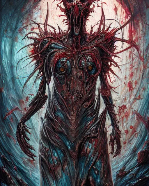 Image similar to charred bloody fleshmetal cyborg daemonhost of tzeentch, by antonio j. manzanedo, giger, alex grey, android jones, wayne barlowe, philippe druillet, raymond swanland, cyril rolando, josephine wall, harumi hironaka, cronenburg, trending on artstation