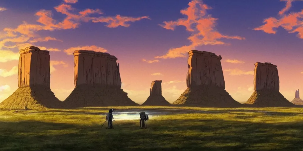 Image similar to a realistic cell - shaded studio ghibli concept art from paprika ( 2 0 0 6 ) of a giant mammoth and a grey native american warrior in a flooded monument valley stonehenge. very dull colors, wide shot, hd, 4 k, hq