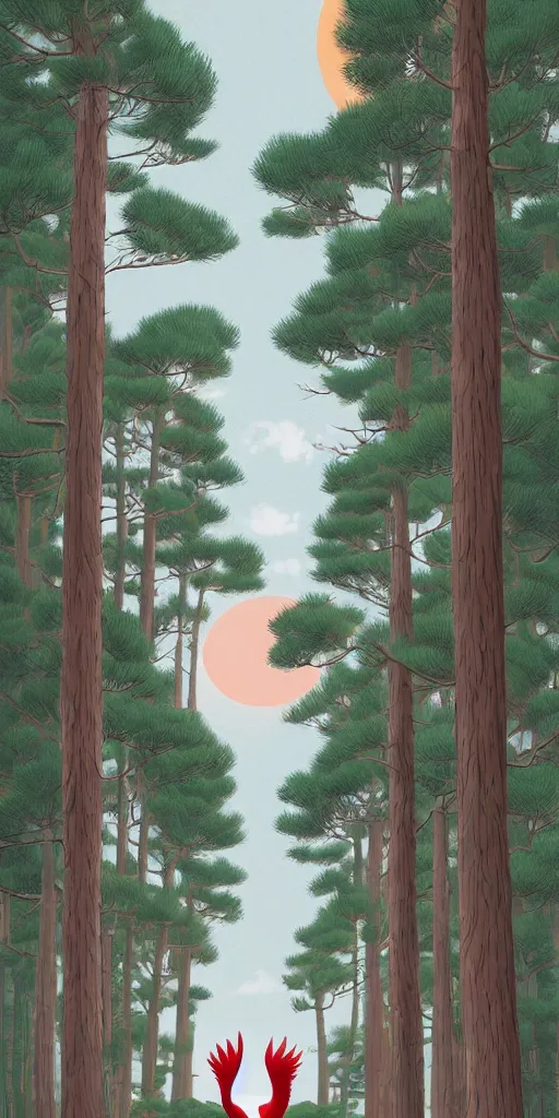 Prompt: a portrait of japanese crane walking into a forest of japanese pines, by range murata, a big red sun in the background, front game card, vector line art, trending on pixiv, anime concept art, stunning, matte