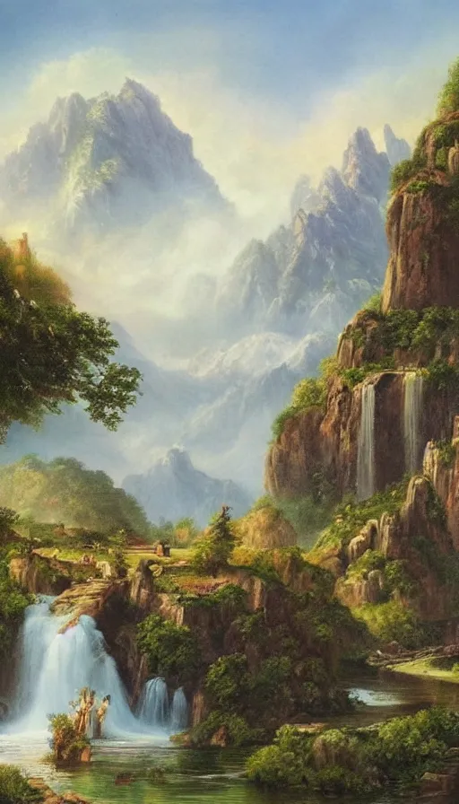Prompt: romanticism landscape painting portraying a castle built on top of a singular mountain peak with its moat turning into waterfalls,beautiful scenery, ((((frame))))