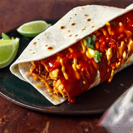 Image similar to a still of the Spiciest chicken burrito with ghost peppers and fire sauce, hd