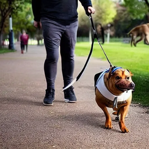 Image similar to a dog that looks like danny devito going for a walk in the park with its owner