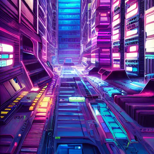 Prompt: Neon factory in big city, big spaceship loading in cargo, space station, Colorful, cyberpunk, high detail, photo realistic, art station