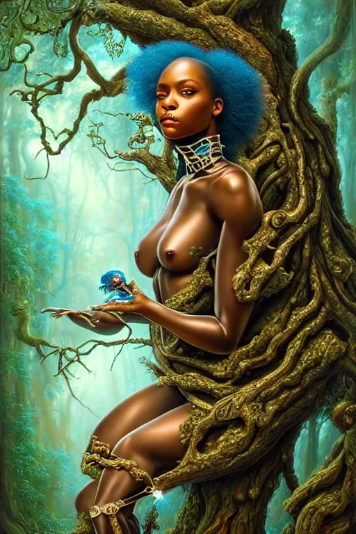 Prompt: hyperrealistic post - rococo super beautiful! black woman with exoskeleton armor, merging with tree in a forest, highly detailed digital art masterpiece smooth cam de leon hannah yata dramatic pearlescent blue teal light ground angle hd 8 k sharp focus