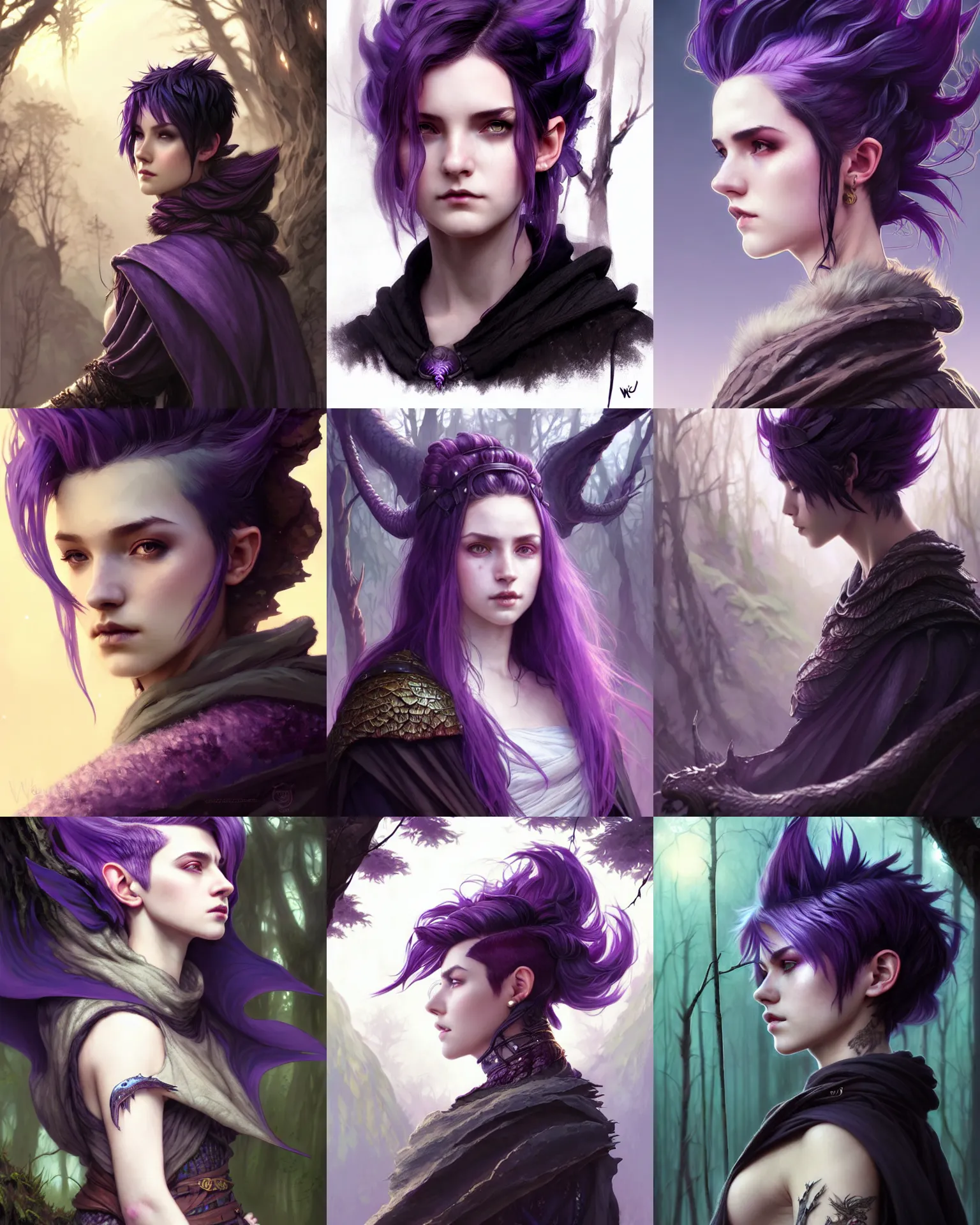 Prompt: side portrait rugged girl, adventurer outfit large cloak, fantasy forest landscape, dragon scales, fantasy magic, undercut hairstyle, short purple black fade hair, dark light night, intricate, elegant, sharp focus, illustration, highly detailed, digital painting, concept art, matte, art by WLOP and Artgerm and Greg Rutkowski and Alphonse Mucha, masterpiece