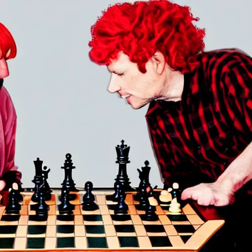 Image similar to a beautiful man wearing a red wig playing chess with an older janitor. baroque. high quality artgem trending fantastic exquisite