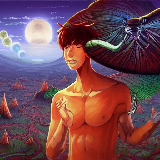 Image similar to A centered chest up portrait of a psychedelic godlike atlas mothman smoking a hand-rolled cigarette smoking heavily , magic mushroom village in background , award winning. superb resolution. in the art style of junji Ito and greg rutkowski . Detailed Mushroom city in background. Hyper realistic anime. Perfect art. Dalle2