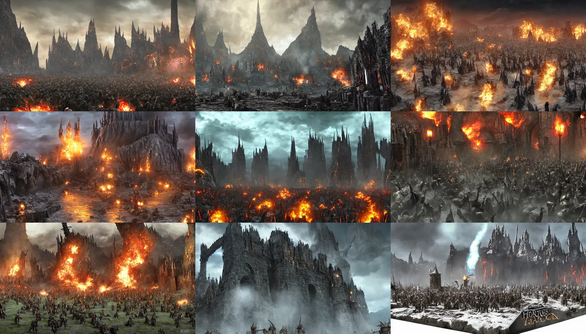 Prompt: gru's minions attack on mordor gates, hyper realistic, highly detailed, dramatic lighting