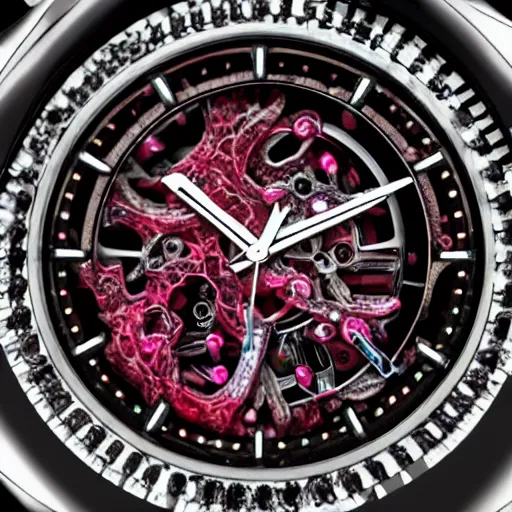 Image similar to skeletonized watch with rubies macro rendered intricate detail