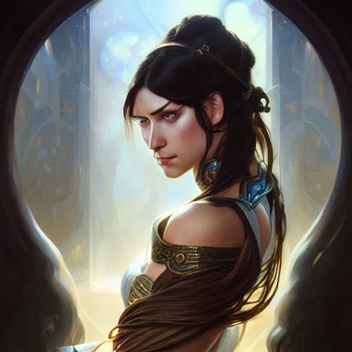 Image similar to Portrait of female warrior, D&D, blue eyes, face, long black hair, fantasy, intricate, elegant, highly detailed, digital painting, artstation, concept art, smooth, sharp focus, illustration, art by artgerm and greg rutkowski and alphonse mucha