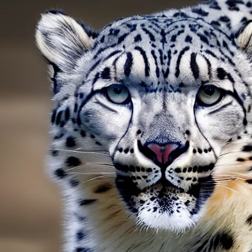 Image similar to A close up of a snow leopard looking to the left.