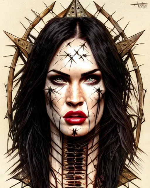 Image similar to portrait of megan fox as pinhead, bald, hellraiser, xenobite, lament configuration, hell, intricate, headshot, highly detailed, digital painting, artstation, concept art, sharp focus, cinematic lighting, illustration, art by artgerm and greg rutkowski, alphonse mucha, cgsociety