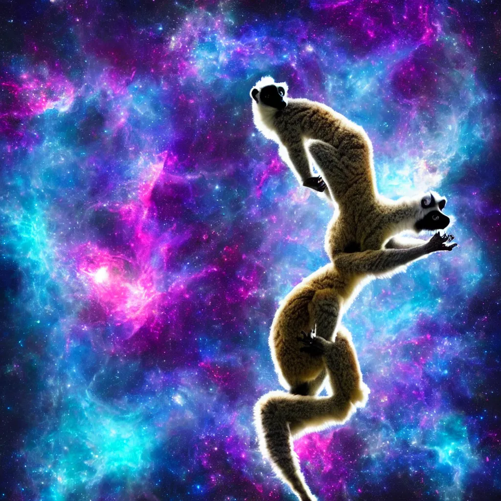 Prompt: abstract Lemur in inspiring yoga pose in cosmic space with nebula and stars, breathtaking digital art, award winning