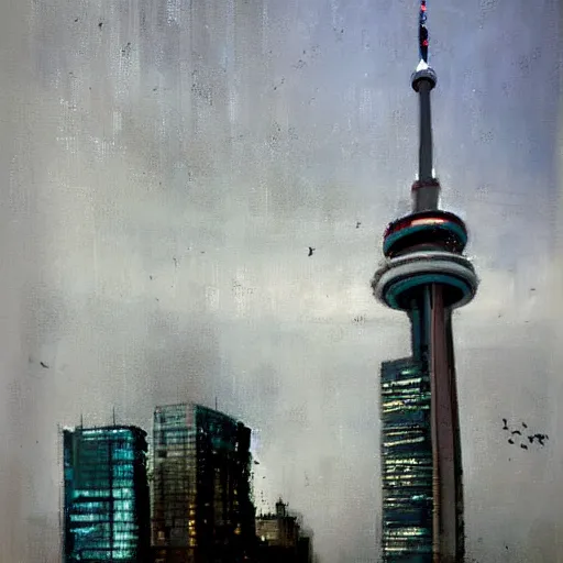 Image similar to toronto cn tower painting by jeremy mann