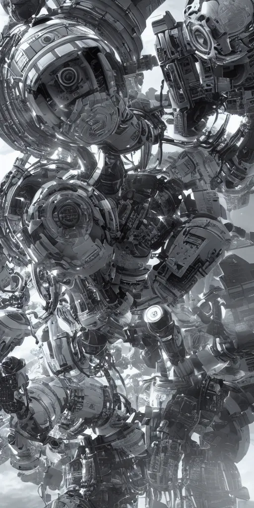 Image similar to the flow of time. complex shapes, highly detailed. octane render. robots are taking over. monochrome. cinematic.