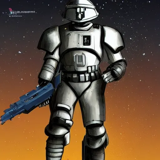 Image similar to a space fantasy soldier in powered armor holding a weapon in the style of Ralph McQuarrie/Syd Mead/John Berkey detailed realistic