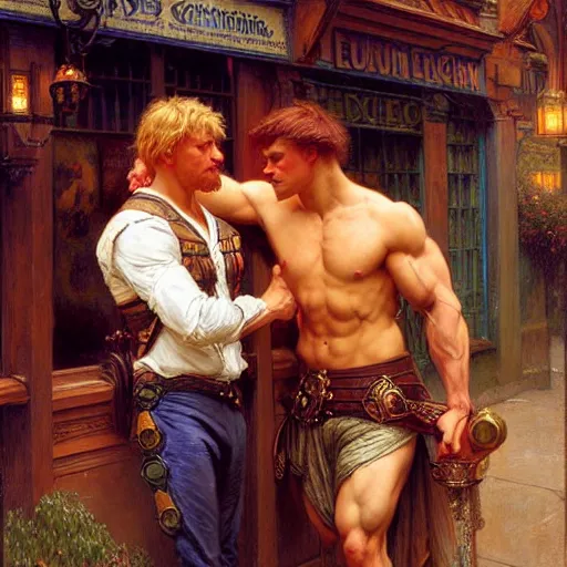 Prompt: attractive muscular arthur pendragon and muscular attractive merlin go to a pub together to have some drinks. highly detailed painting by gaston bussiere, craig mullins, j. c. leyendecker, alphonse mucha 8 k