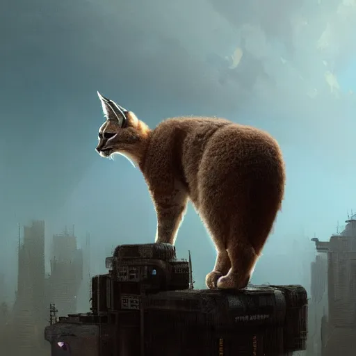 Prompt: giant cute fluffy caracal floating in the sky above the port was the color of television tuned to a dead channel, neuromancer, painted by greg rutkowski, painted by igor kieryluk, high detail, dramatic light, digital art, trending on artstation