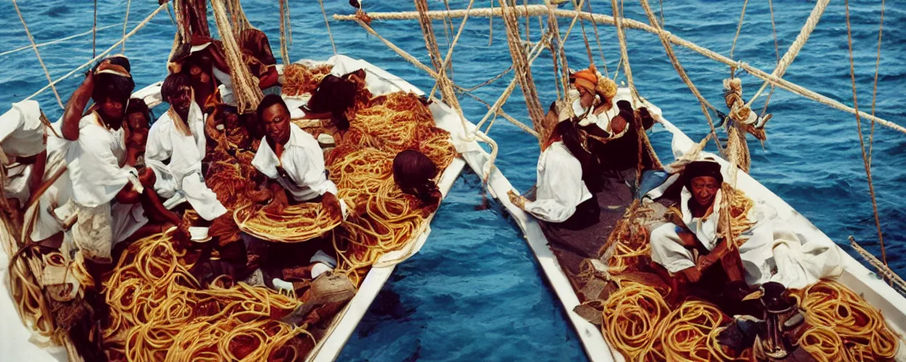 Prompt: pirates holding up spaghetti treasure, aboard a sailboat, caribbean, 1 7 0 0 s, canon 2 0 mm, photograph, kodachrome