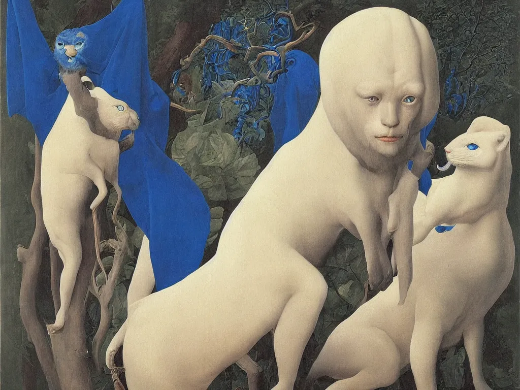 Image similar to Portrait of albino mystic with blue eyes, with panther. Painting by Jan van Eyck, Audubon, Rene Magritte, Agnes Pelton, Max Ernst, Walton Ford