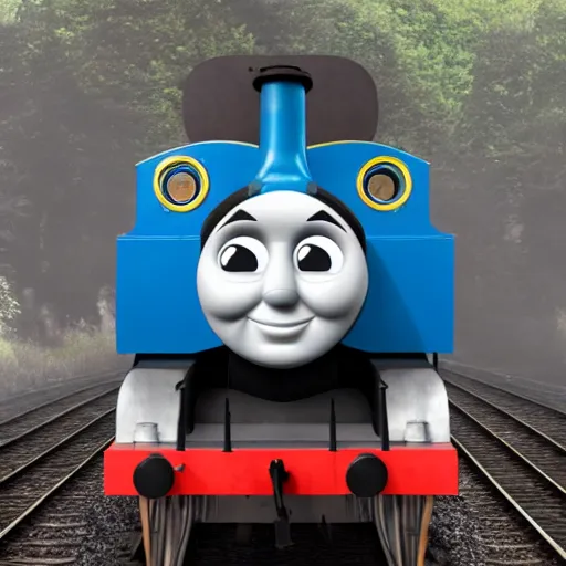Prompt: Thomas the tank engine as a human, hyperreal, 4k