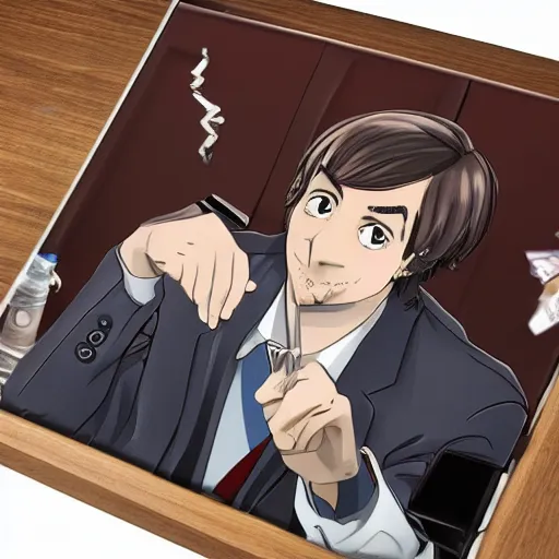 Prompt: Saul Goodman Anime Portrait Highly Detailed Desk Formal