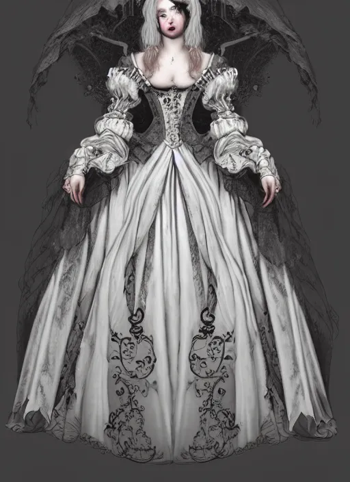 Image similar to historical baroque dress dark, alexander mcqueen, gothic bustier, portrait, voluminous, masterpiece, intricate, highly detailed, artstation, dreamy ghost, concept art