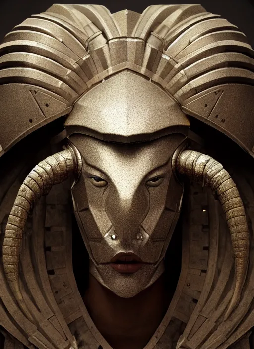 Image similar to hyperrealistic mixed media portrait of an armored humanoid ram creature, stunning 3d render inspired art by Michael Parkes + perfect facial symmetry + dim volumetric lighting, 8k octane beautifully detailed render, post-processing, extremely hyperdetailed, intricate, epic composition, grim yet sparkling atmosphere, cinematic lighting + masterpiece, trending on artstation